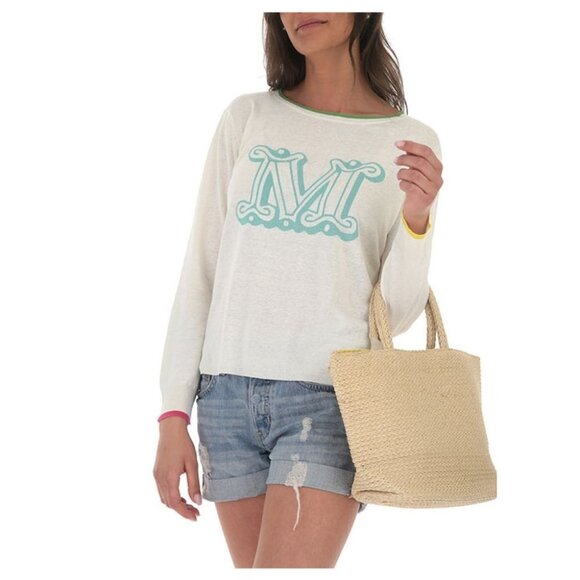MaxMara Offwhite Long Sleeve Boat Neck  Sweater w Monogram "M" multicolor hems - Picture 1 of 12